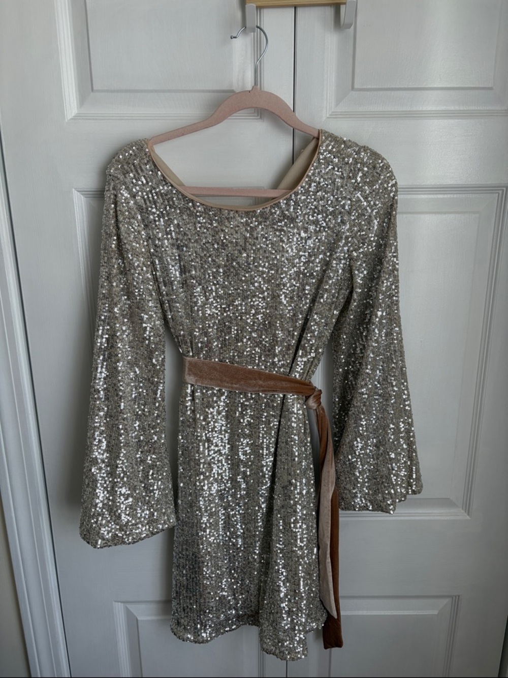Rewind Silver Sequin Long Sleeve Dress with Velvet Tie